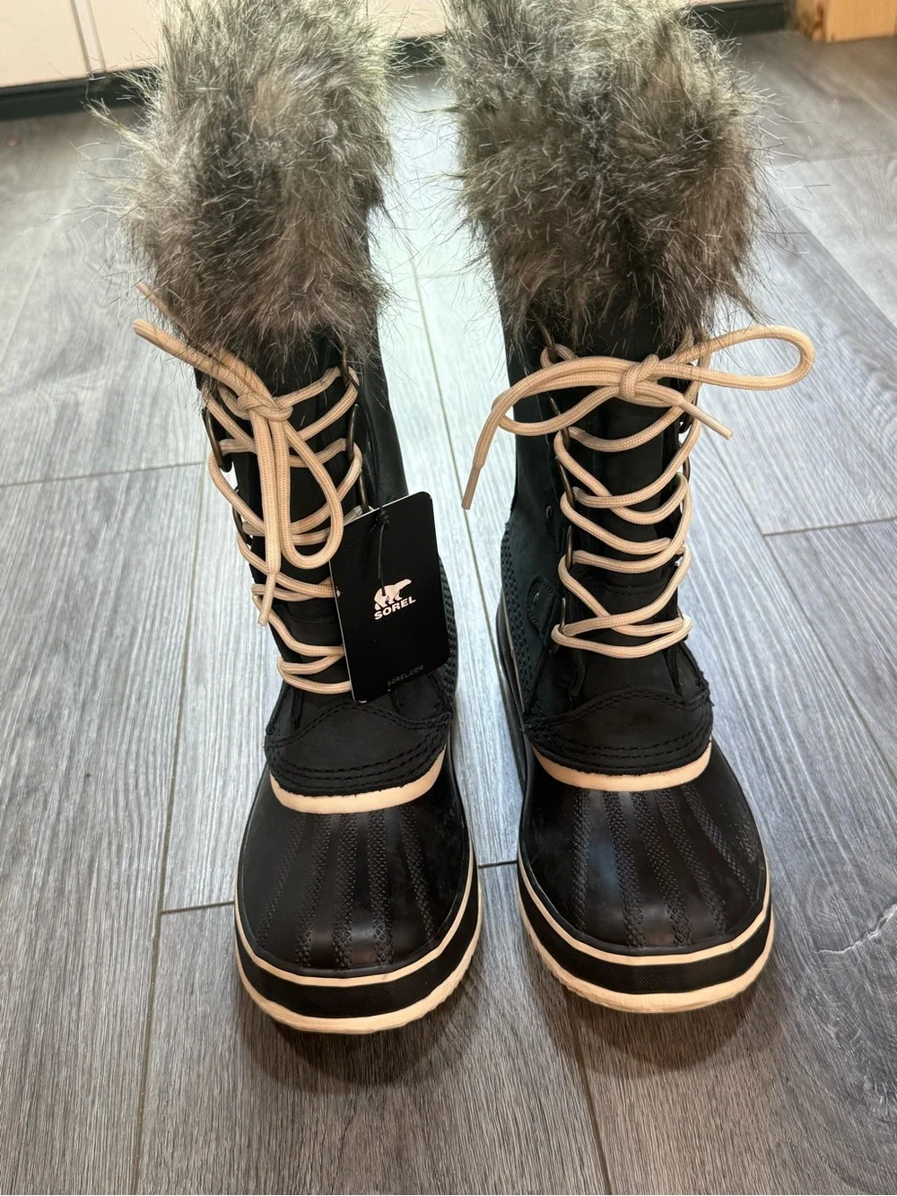 Sorel Black Faux Fur Women's Winter Boots with Cream Accents